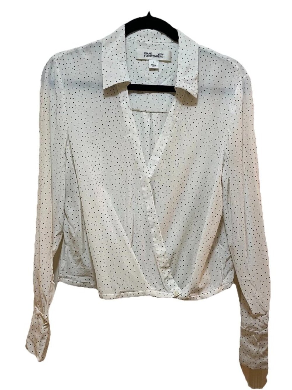 DIANE VON FURSTENBERG Ivory with Black Polka Dot 100% Silk Wrap Blouse Sz 6